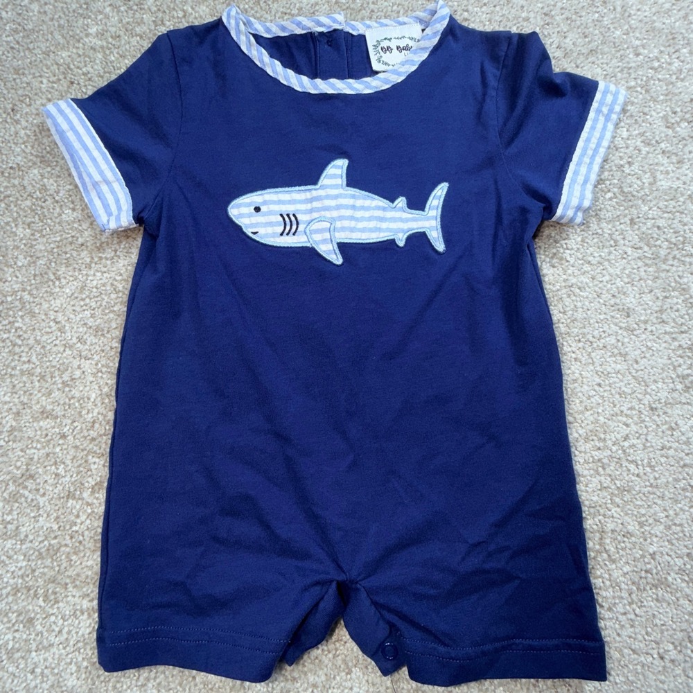BB Baby LLC Navy Blue Shark Applique Romper Short Sleeve 9M Nautical Summer